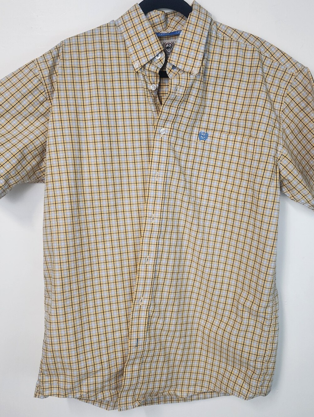 Cinch Men's Sz Medium Yellow Plaid Button-Down Shirt Short Sleeve Western Cowboy